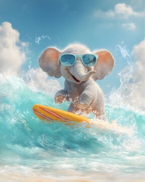Cute Elephant Wearing Sunglasses Surfing a Tropical Wave 