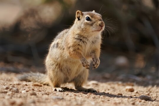 A ground squirrel standing upright on sandy terrain in a natural habitat