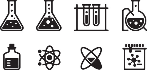 Fototapeta premium Set of chemistry laboratory equipment icons including flasks test tubes atoms and chemical bottles for science research. vector illustration