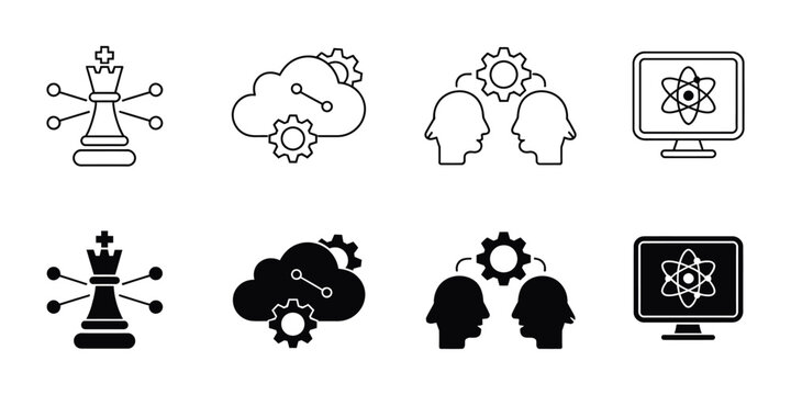 AI strategy cognitive computing icon set, line and solid vector collection for cloud technology, innovation and human thinking concepts isolated illustration.