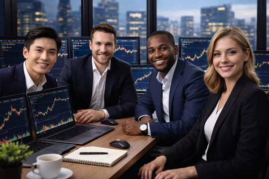 Dynamic Team in the Trading Room: A collaborative group of skilled traders and financial experts, gathered together, radiating confidence and expertise.