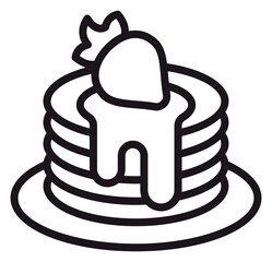 Minimalist black line vector icon of a stack of delicious pancakes topped with dripping syrup and a fresh strawberry on a plate, isolated on a white background for food and breakfast design. © Laiba