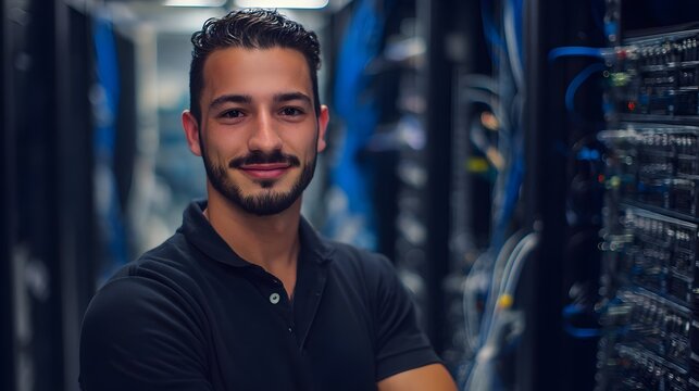 Confident IT Specialist In Data Center &ndash; Modern Technology Professional Portrait. IT Specialist, Data Center, Technology, Cybersecurity, Digital Infrastructure, Engineering, Professional Portrait, Tec