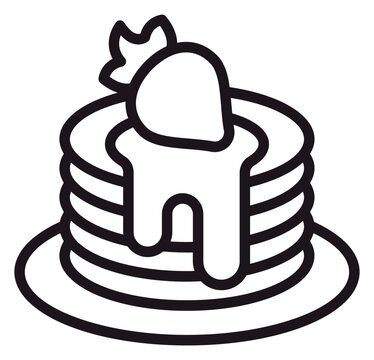 Minimalist black line vector icon of a stack of delicious pancakes topped with dripping syrup and a fresh strawberry on a plate, isolated on a white background for food and breakfast design.