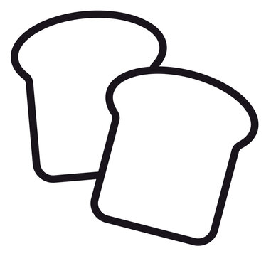 Two slices of bread or toast minimalist black line art vector icon, scalable illustration for food, bakery, breakfast, and culinary graphic design projects, isolated on a white background.