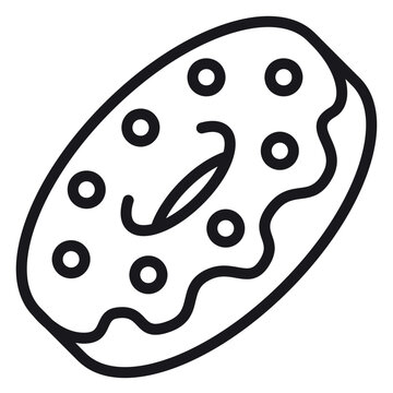 Minimalist black line art vector icon of a delicious glazed donut with sprinkles and frosting, isolated on a white background. Perfect for food, bakery, and dessert-themed graphic designs.