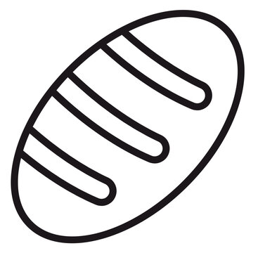 Minimalist black line art vector icon of a loaf of bread, artisan sourdough boule with diagonal score marks, isolated on white background, simple bakery symbol for food and cooking design.