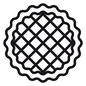 Lattice crust pie vector icon illustration. Minimalist black line art symbol of a baked tart or fruit pie with a scalloped edge, isolated on a white background for bakery, dessert, and food design.