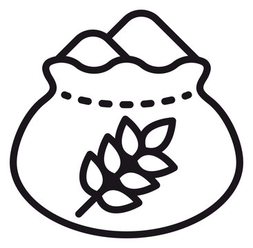 Black vector icon of a sack of grain or flour with a wheat ear symbol, minimalist line art illustration of a burlap bag filled with wheat for agriculture, food, and bakery concepts.