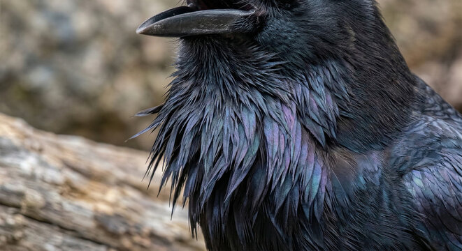 An extreme macro photograph focusing on the throat feathers (hackles) of a raven as it croaks. The shot captures the metallic, oil-slick iridescence of the feathers and the bristly texture of the "bea