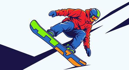 Obraz premium An active skier and snowboarder performing an extreme jump on a snowy mountain slope during a winter sports competition under a blue sky