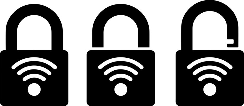 Three padlocks symbolizing different levels of wi-fi security protocols