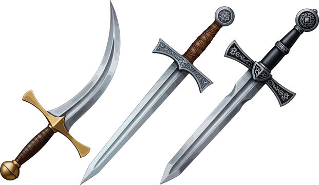 Sword Vector Set Featuring Curved and Straight Swords with Intricate Handles, Ideal for Fantasy, Medieval, and Weaponry Themes in Digital Designs