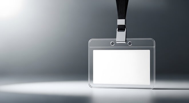 Clear, blank ID badge with lanyard hanging against a spotlighted gray background