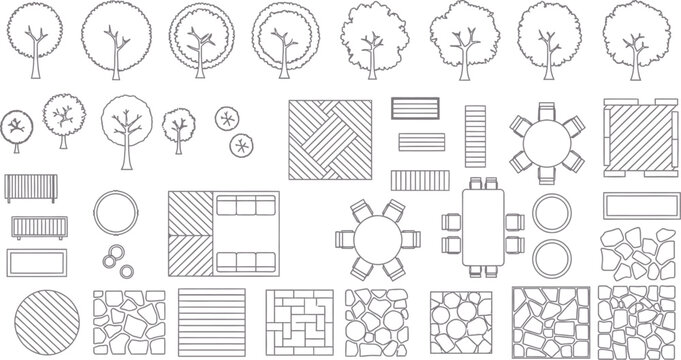 Comprehensive collection of architectural landscape design elements featuring various tree silhouettes furniture layouts and diverse paving patterns for professional site planning