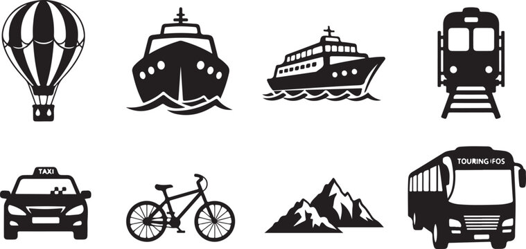Black and white of transportation modes including car truck bicycle train bus and airplane de