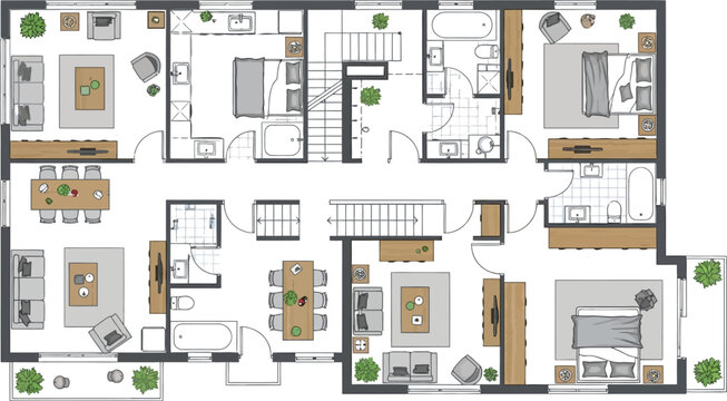 Detailed architectural floor plan illustration featuring multiple living areas bedrooms bathrooms and dining spaces in a modern residential layout design