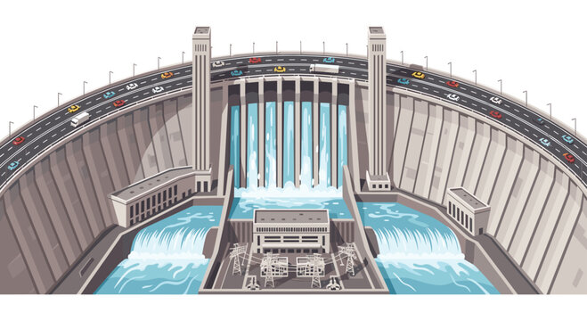 A massive curved concrete hydroelectric dam structure features powerful cascading water spillways and a busy multi-lane highway with colorful cars crossing the top.