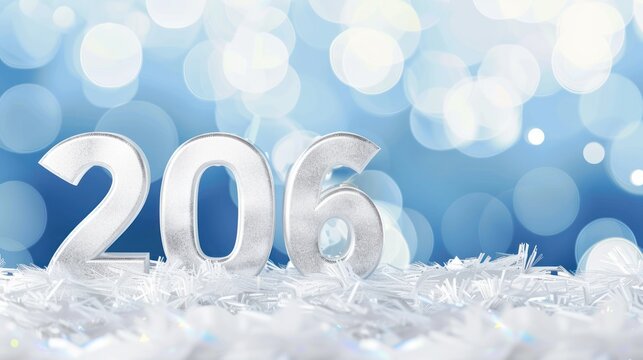 Silver Numbers 206 on Snowy Background with Bokeh Lights for New Year Celebration