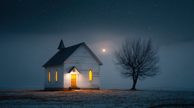 Small White Church with Illuminated Windows Night Scene Under Starry Sky and Full Moon