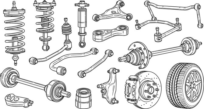 Detailed Auto Suspension and Steering Components Illustration Set with Shock Absorbers, Springs, Tie Rods, and Brake Parts