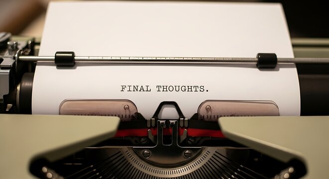 A close-up view of an antique typewriter displaying the words "FINAL THOUGHTS.