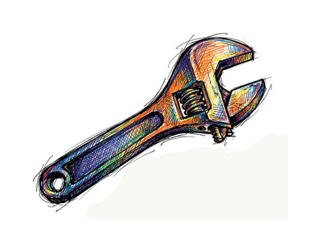 Adjustable wrench with movable jaw and sturdy metal body forming versatile repair tool silhouette in expressive vibrant multicolor
