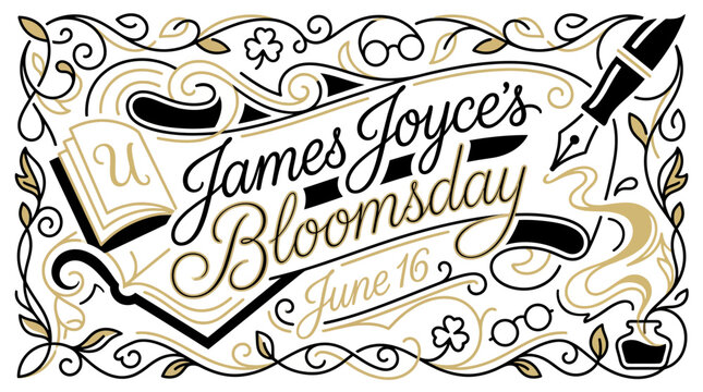 James Joyce Bloomsday Celebration with Book Pen Ink Scrollwork, Literary Culture Irish Heritage, Elegant Calligraphic Black Gold Line Art Vector Illustration