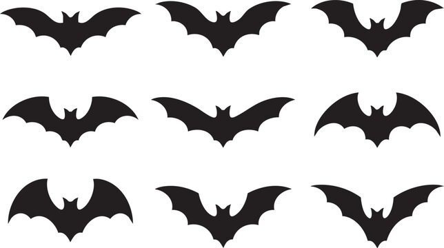 Halloween bats flying line art set, minimal outline vector illustration for spooky holiday