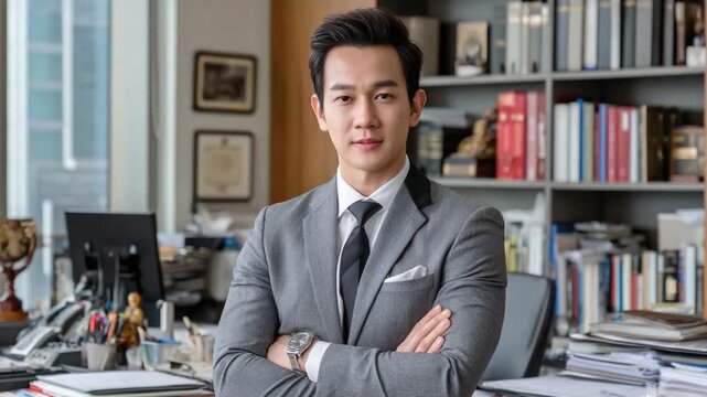 Confident Professional: A distinguished figure in a tailored suit radiates confidence in a professional setting, against the backdrop of an organized office environment.