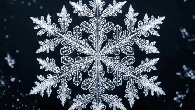 A microscopic view of a snowflake crystal on a black surface at the moment of landing, the hexagonal symmetry perfect and unrepeated, every dendritic arm branching into