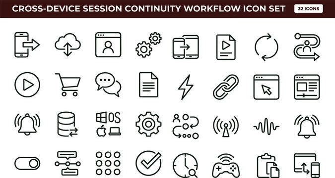 Cross device session continuity workflow outline icon set illustrating synchronized platform connectivity cloud integration user interface navigation system processes