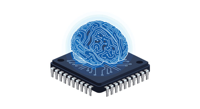 A luminous blue electronic brain featuring intricate circuit patterns rests atop a sophisticated black microchip processor against a clean white backdrop.