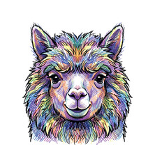 Fototapeta premium Vibrant, colorful alpaca portrait with a whimsical, artistic sketch style