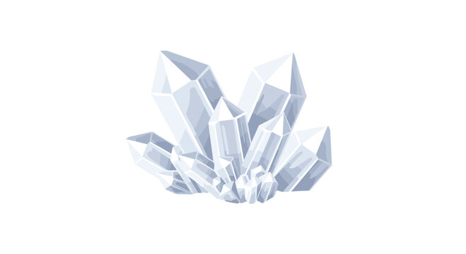 A pristine cluster of translucent white and pale blue quartz crystals displays sharp geometric facets and a subtle internal glow against white space.