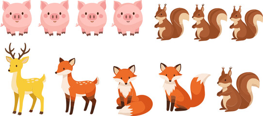 Fototapeta premium Cute Cartoon Animals Vector Set Featuring Pigs, Squirrels, Deer, and Foxes for Children’s Illustrations, Nature, and Educational Designs