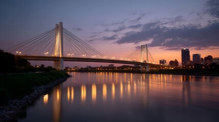Fototapeta premium A magnificent cable stayed bridge spans a calm river under a dramatic twilight sky connecting the glowing cityscape to the tranquil waters below