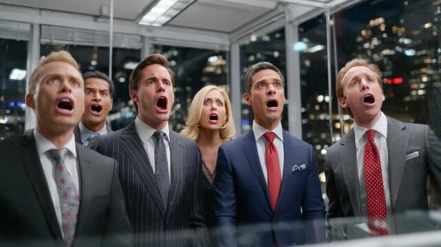 Business Team Astonishment: A team of business professionals stands together, looking up with expressions of astonishment and awe, as if witnessing something remarkable.