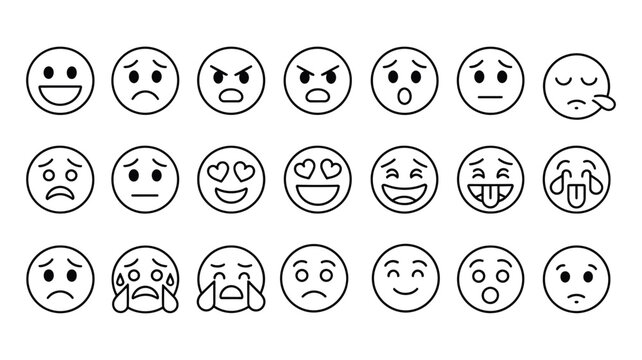 Expressive emoticon icon set, diverse emotions and sentiments collection in vector style for digital communication and user interface design.