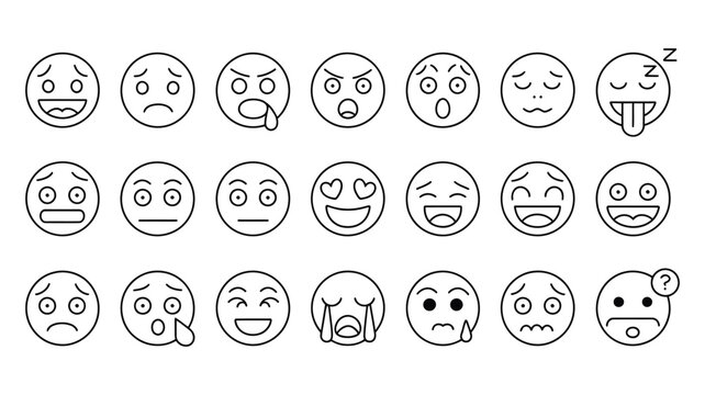 Expressive emoticon icon set, diverse emotions and sentiments collection in vector style for digital communication and user interface design.