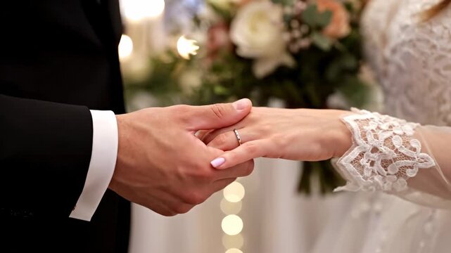 Close-up of hands during wedding ring exchange ceremony
