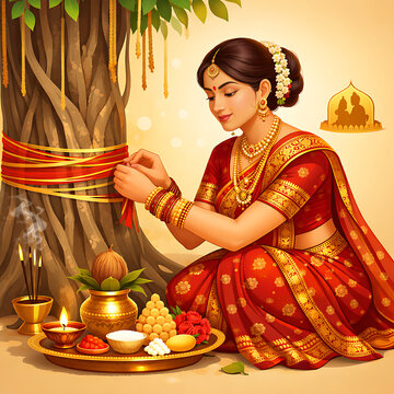 Indian women celebrating Vat Savitri Vrat, Vat Purnima (Pournima), Savitri Amavasya, Bargad Pooja, and the Banyan Tree Festival.