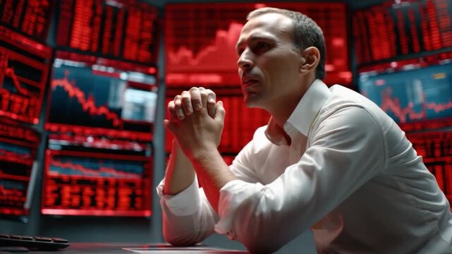 Market's Turmoil: A trader's anxiety intensifies amidst the chaotic decline in the market, symbolizing the weight of financial uncertainty and pressure.
