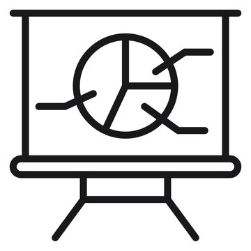 Minimalist black vector icon illustration of a presentation screen on a tripod stand featuring a pie chart with data callouts, symbol for business analytics, reports, and statistics.