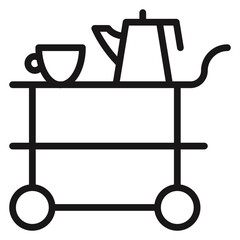 Minimalist black line vector icon illustration of a tea service cart or coffee trolley with a teapot and cup, perfect for hospitality, hotel room service, catering, and restaurant business symbols. © Maira