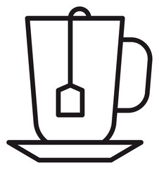 Black line art vector icon of a tea cup with a tea bag on a saucer, minimalist illustration for beverage, breakfast, or cafe concepts, scalable graphic symbol for web and print design. © Maira