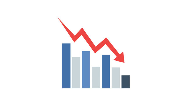 A thick red arrow descends sharply over blue and grey vertical bars of varying heights to demonstrate a negative business performance trend on white background.