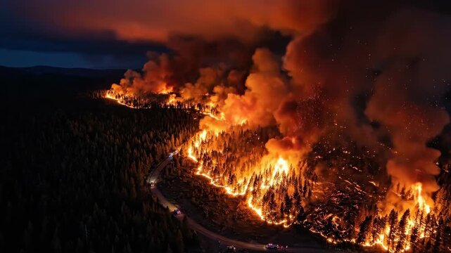 A dramatic aerial view of a wildfire burning through a forest at night, a river of orange flame consuming pine crowns in a wide front, embers drifting upward in vast glowing clouds