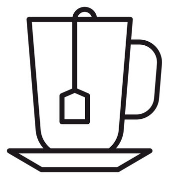 Black line art vector icon of a tea cup with a tea bag on a saucer, minimalist illustration for beverage, breakfast, or cafe concepts, scalable graphic symbol for web and print design.