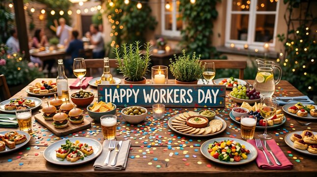 Outdoor workers day celebration with food drinks and festive decor